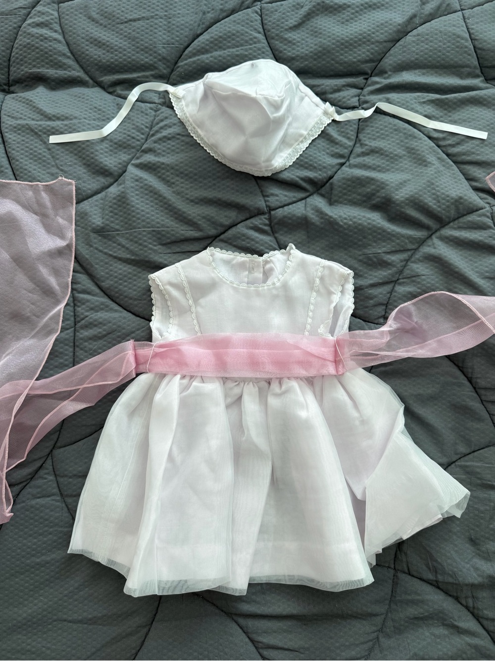 White & Pink Baby girl Dress with Pink Sash and Headpiece - handmade - NEW